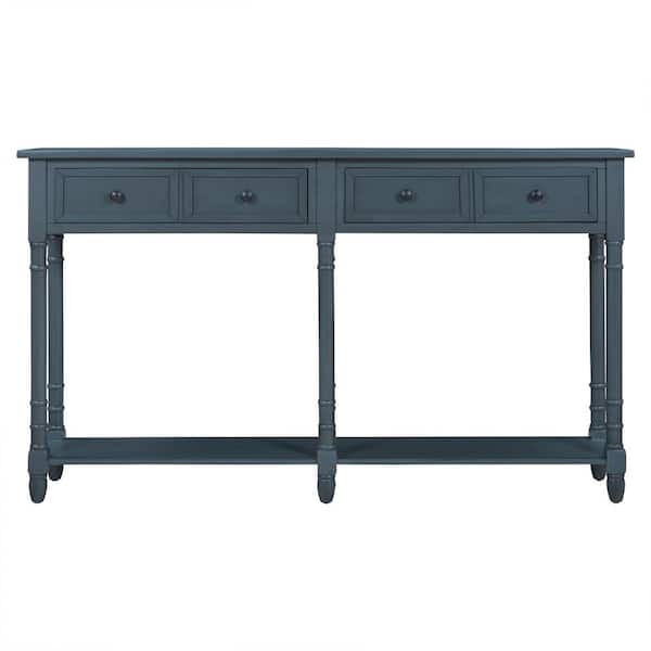 Utopia 4niture Leigh 58 in. Antique Navy Blue Standard Rectangle Wood Console Table with 2-Drawers and Shelf
