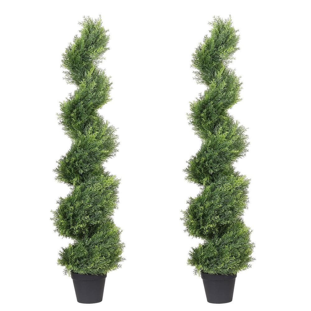 48-Inch Green Plastic Cedar Spiral Topiary Trees in Black Pots, Set of 2