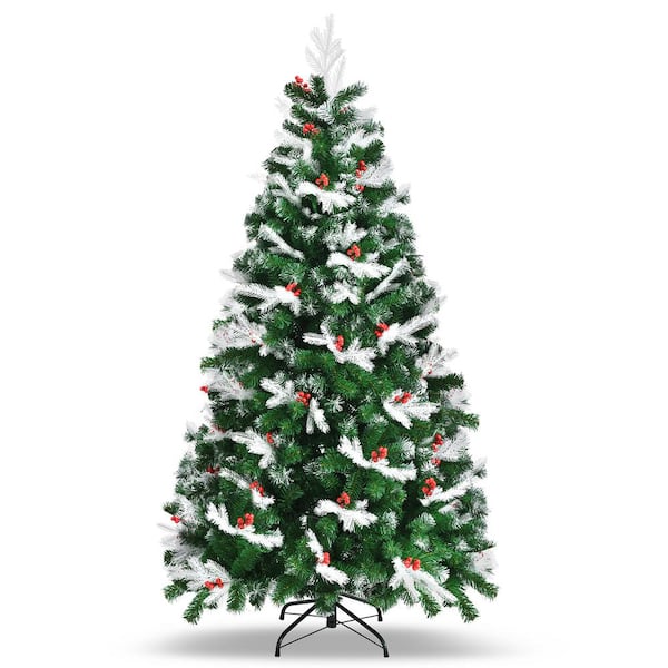 Gymax 6 ft. Artificial Christmas Tree Snow Flocked Hinged Artificial Xmas Tree with Red Berries