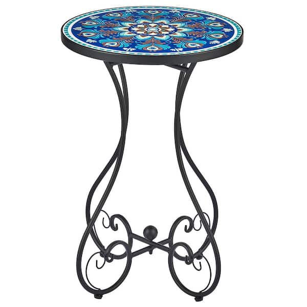 Merra 14 in. Blue Mandala Round Ceramic Outdoor Side Table and