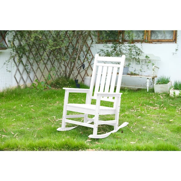 Oversized White with Wood-Texture HDPE Outdoor Rocking Chair for Adults, All Weather Resistant