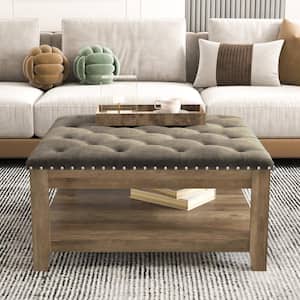 Frick 31.7 in. Oak with Brown Square Wood Top Upholstered Coffee Table