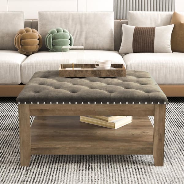 GALANO Frick 31.7 in. Oak with Brown Square Wood Top Upholstered Coffee Table