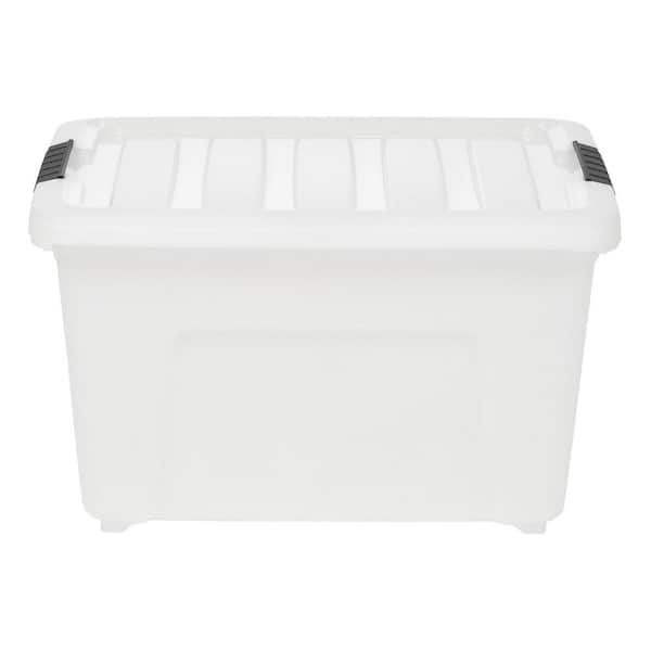 IRIS 38 Qt. Stack and Pull Nesting Storage Tote, with Black Latching Clips, in White