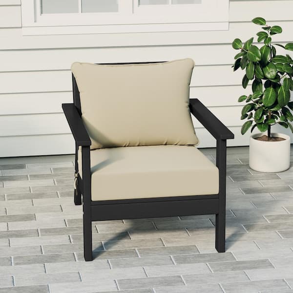 Birchwood Outdoor Patio Deep Seating HDPE Plastic Lounge Chair in Black with Beige Cushions