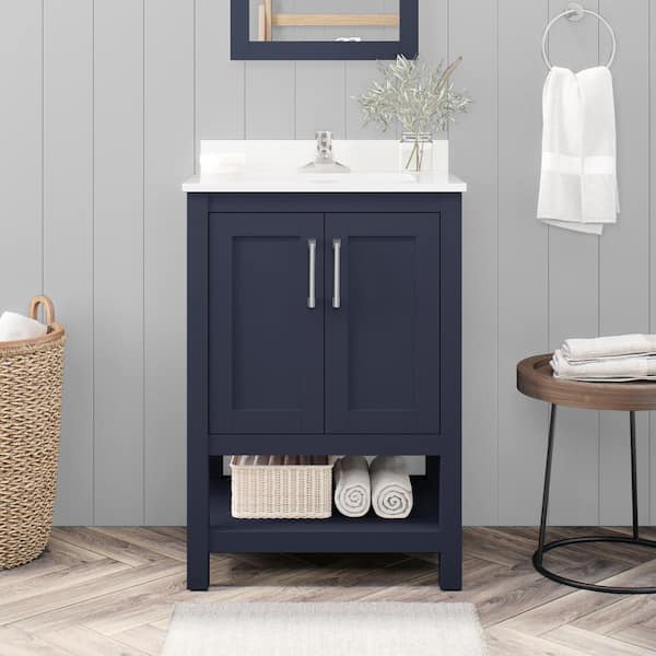 OVE Decors Vegas 24 in. Single Sink Midnight Blue Bath Vanity with White Engineered Stone Top (Assembled)