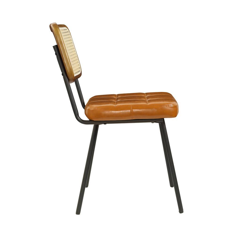 Yellow Brown Faux Leather Upholstered Rattan Cane Side Chair Set