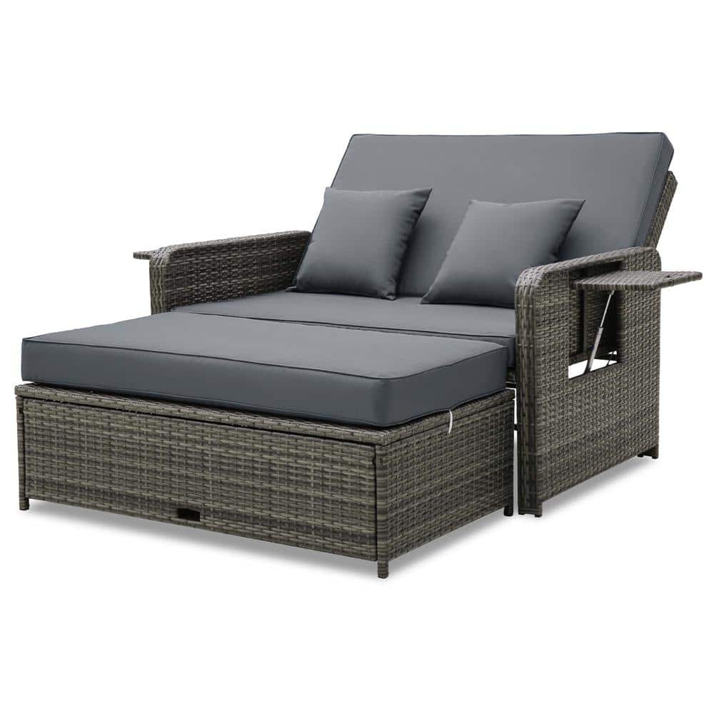 Costway 2-piece Wicker Outdoor Loveseat Sofa Set with Ottoman and Gray Cushions