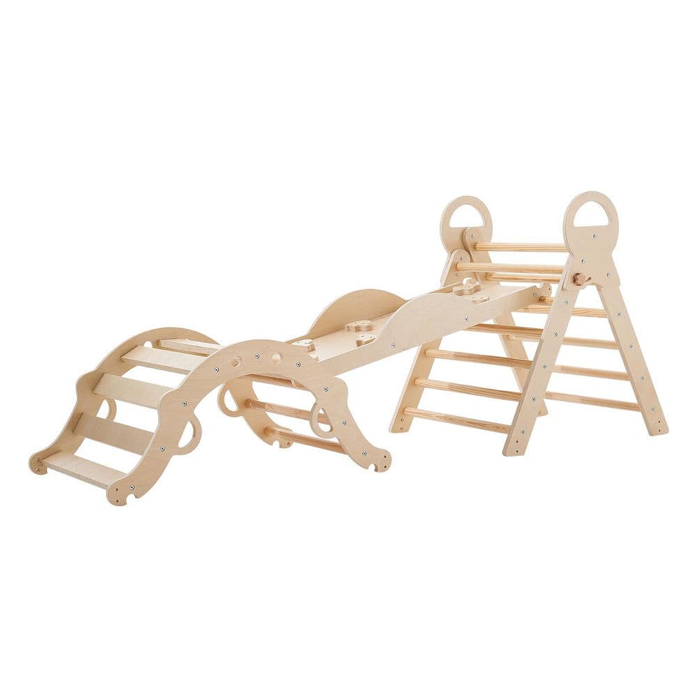 9-in-1 Toddler Climbing Set Foldable Montessori Indoor Play Gym Triangle Arch Ramp Cushion Cars 150 lbs. Natural Wood price history on PriceWatchPro
