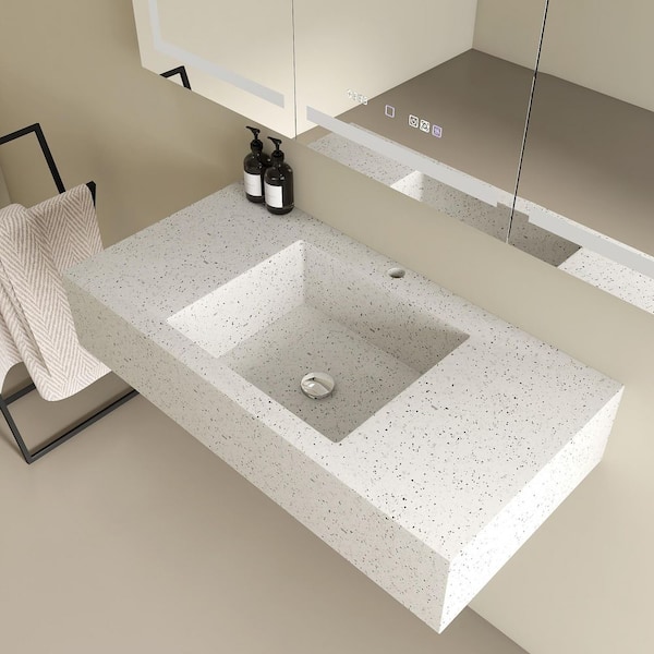 Granello 39 in. x 20 in. Terrazzo Wall-Mounted Bathroom Sink with Faucet Holes in White