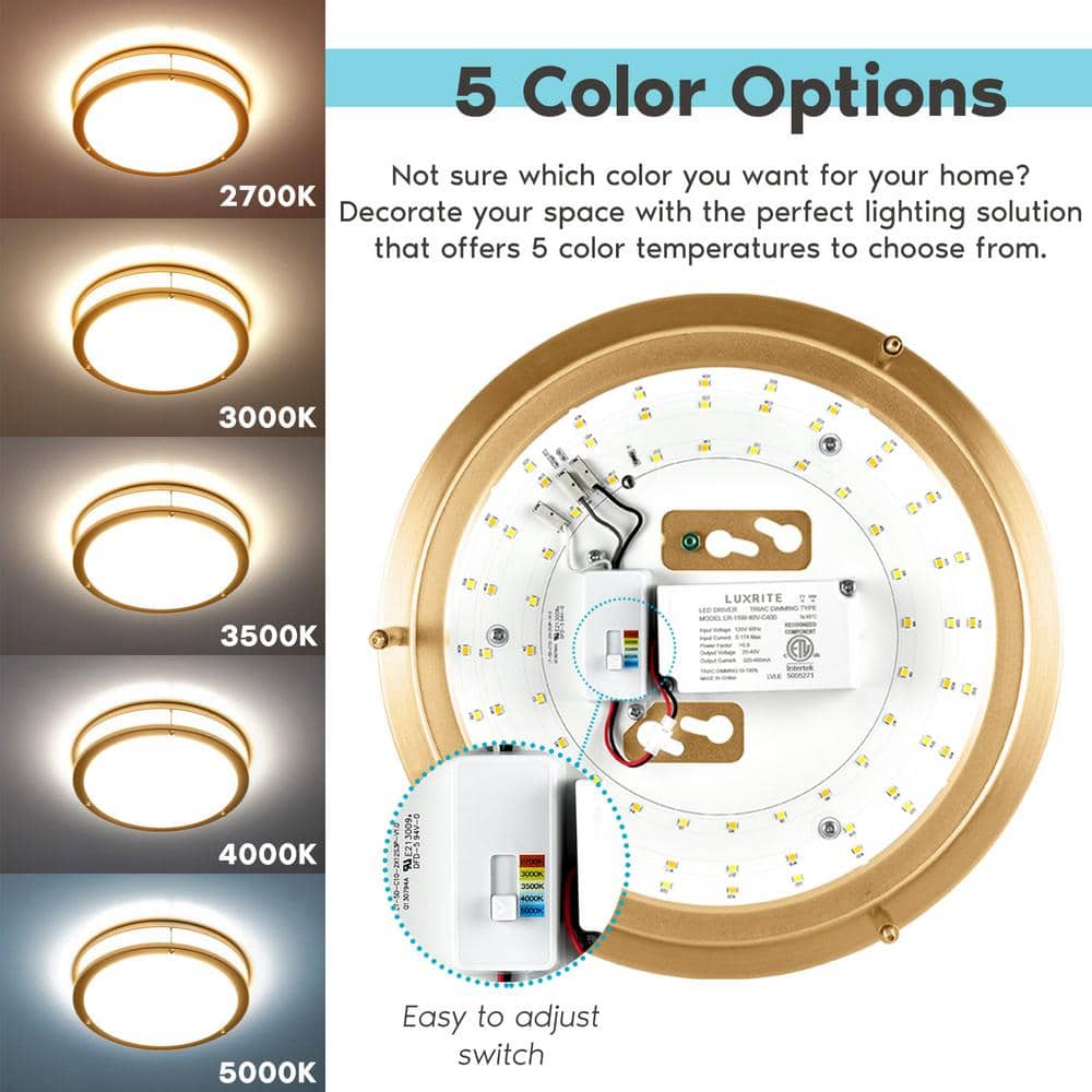 Brushed Brass 12" LED Flush Mount Ceiling Light with Dimmable Energy Star