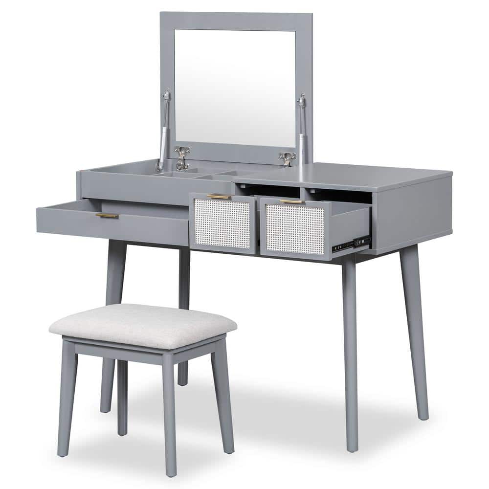 43.3 in. W x 19.7 in. D x 31.7 in. H Gray Wood Linen Cabinet with Makeup Va