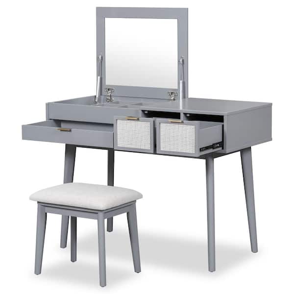 Unbranded 43.3 in. W x 19.7 in. D x 31.7 in. H Gray Wood Linen Cabinet with Makeup Vanity Set, Flip Mirror, 3 Drawers and Stool