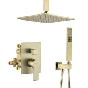 1-Spray Patterns with 2.38 GPM 10 in. Ceiling Mount Dual Shower Heads with Rough-In Valve Body and Trim in Brushed Gold