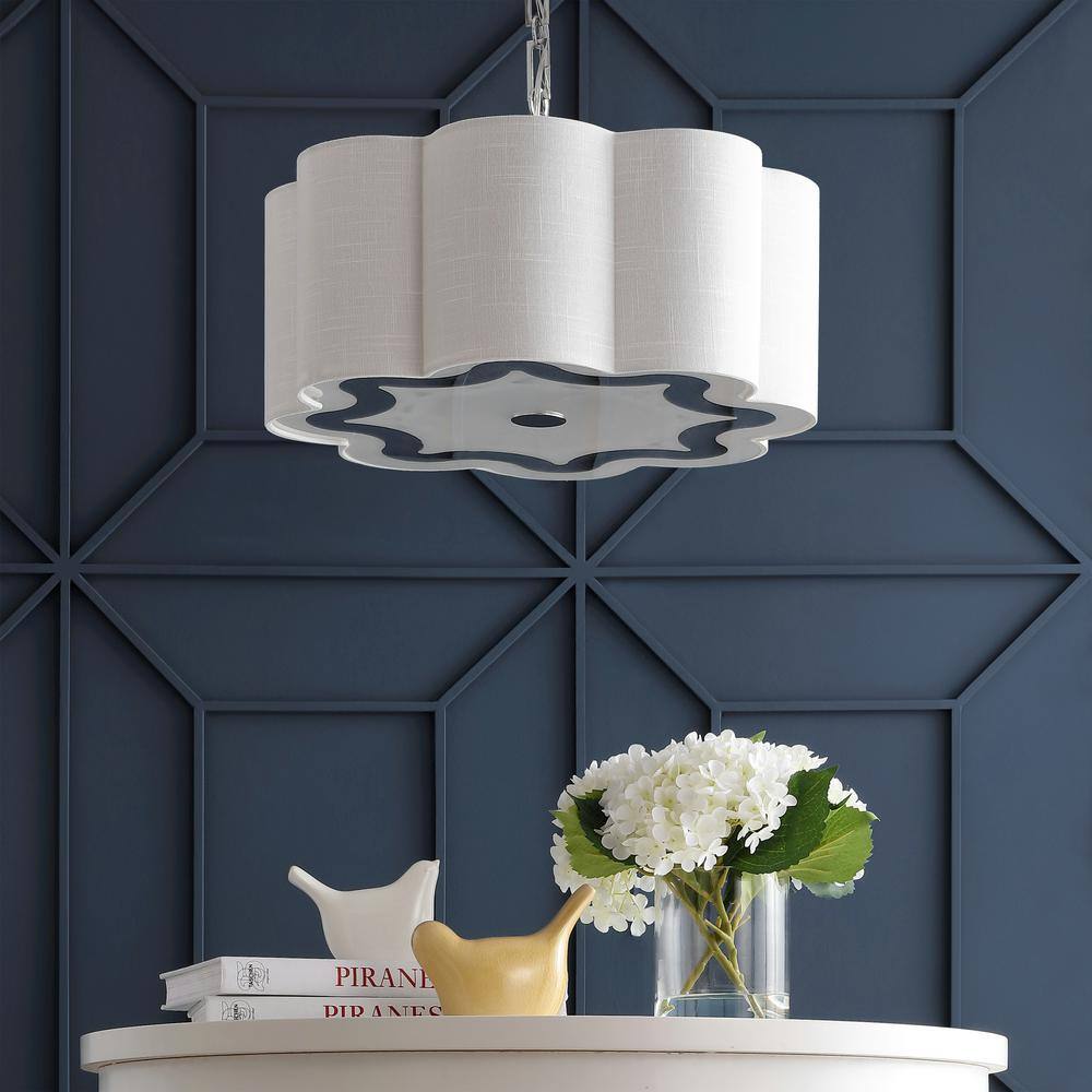 Polished Chrome 20" Drum Pendant with Scalloped Linen Shade and LED Bulbs