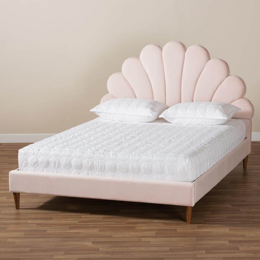 Queen Light Pink Velvet Tufted Platform Bed with Walnut Legs