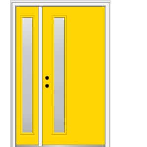 53 in. x 81.75 in. Viola Frosted Glass Right-Hand Inswing 1-Lite Midcentury Painted Steel Prehung Front Door w/ Sidelite
