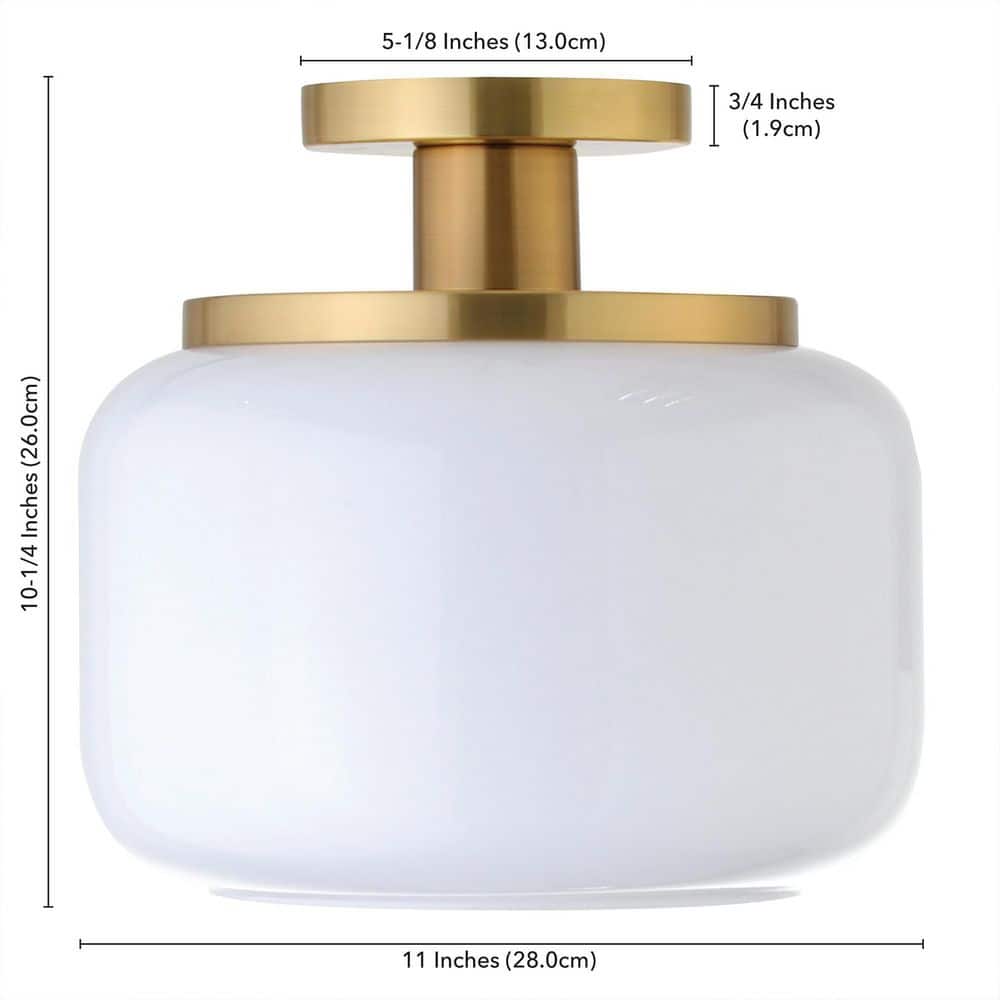 Brushed Brass and White Glass Drum Semi Flush Mount
