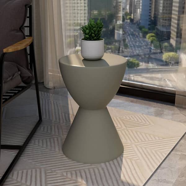 Loft 18.11 in. H Modern Round Side Table in Fiberstone For Indoor and Outdoor Accent Table Pedestal base in Moss Grey