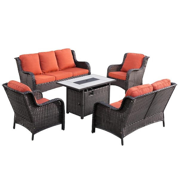XIZZI Daydreamer 5-Piece Wicker Patio Fire Pit Set with Rectangular Orange Red Cushions