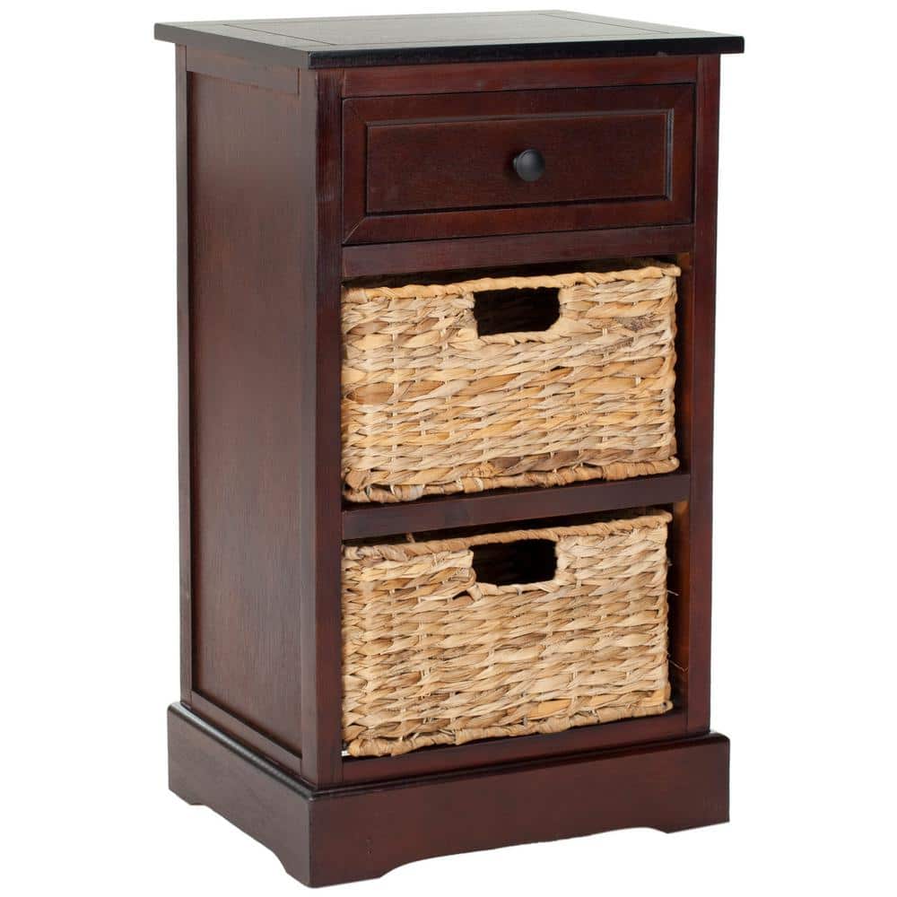 Dark Cherry Pine Side Table with Wicker Baskets
