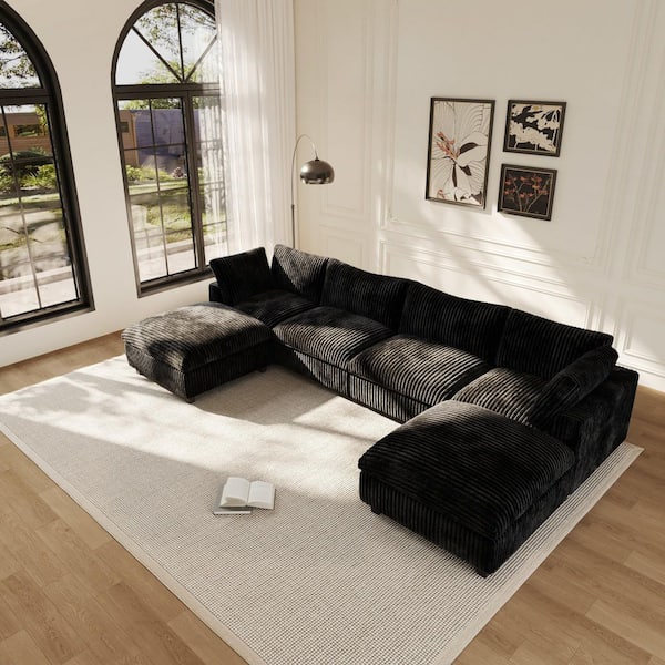 J&E Home 157.48 in. Square Arm Rabbit Fur Fabric 6-Piece Oversized Free Combination Modular Living Room Sectional Sofa in Black