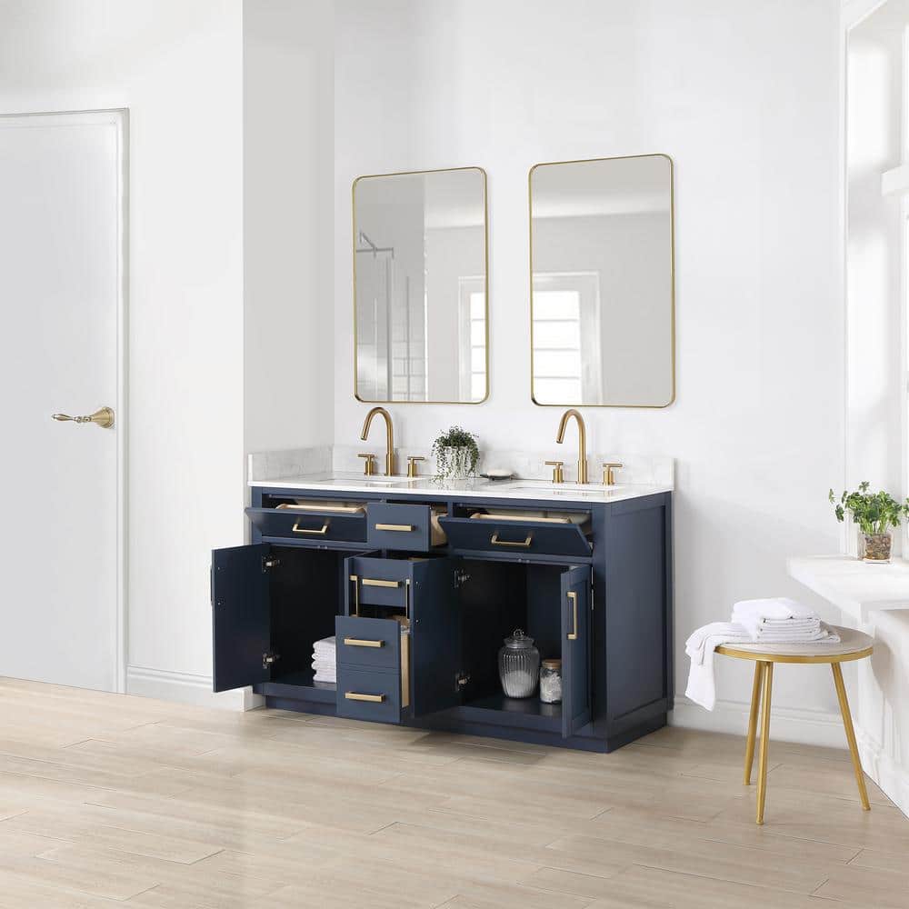 Gavino 60" Royal Blue Wood Vanity with Composite Stone Top and Mirror