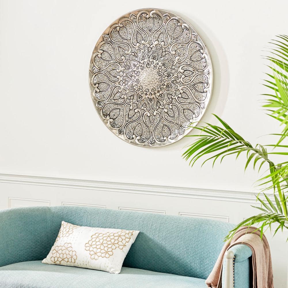 Silver Embossed Metal Plate Wall Sculpture, 33"