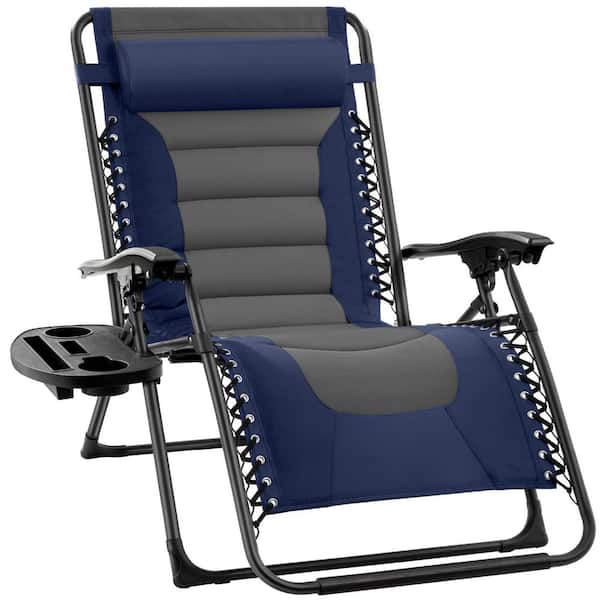 Oversized Padded Zero Gravity Navy/Gray Metal Reclining Outdoor Lawn Chair w/Side Tray
