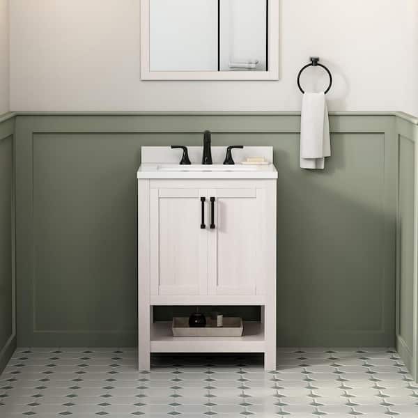 OVE Decors Vegas 24 in. W x 19 in. D x 34 in. H Single Sink Bath Vanity in Antique White with White Engineered Stone Top