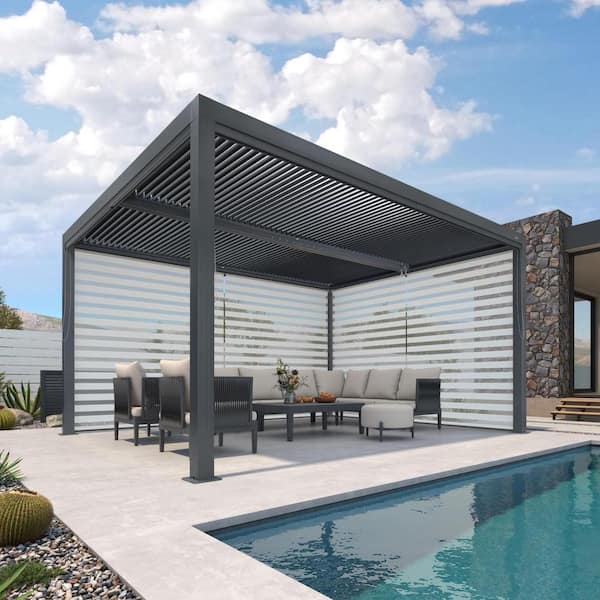 11 ft. x 14 ft. Gray Aluminum Frame Louvered Pergola with Adjustable Sunshade Roof and 1-Long 1-Short Side Roller Shades