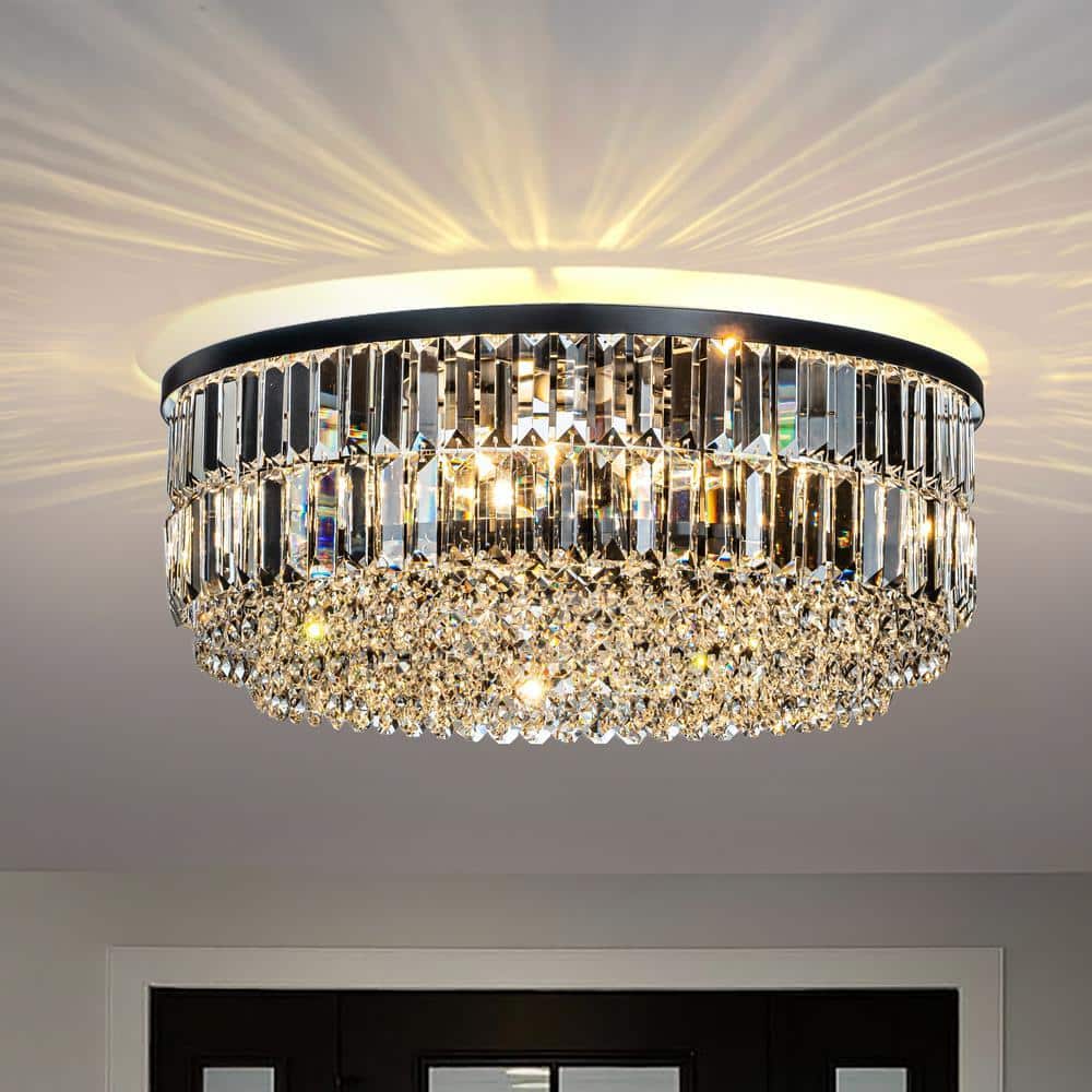 ALOA DECOR 24 in. 5-Lights Modern Glam Matte Black Round Flush Mount ...