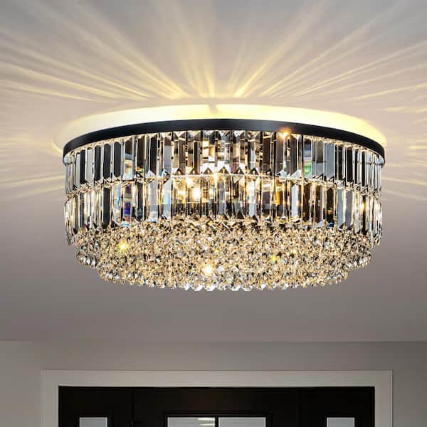 24 in. 5-Lights Modern Glam Matte Black Round Flush Mount with Clear Crystal Light