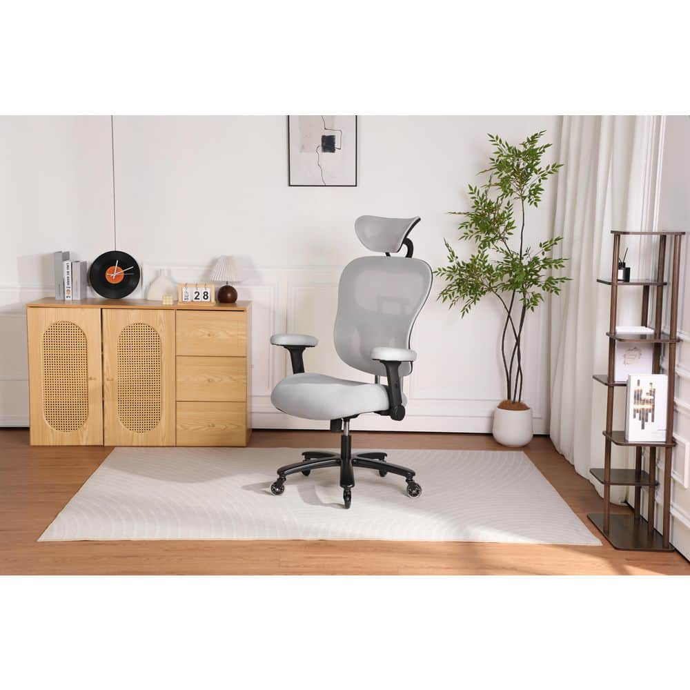 Big and Tall PU Leather Seat Adjustable Flip-Up Armrests Ergonomic Office Stool in Grey with 2D Flip-up Arms