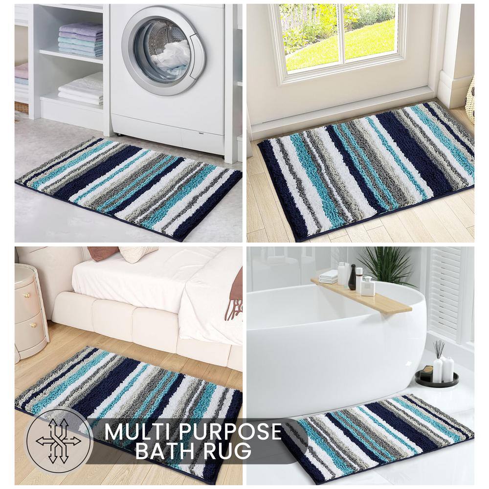 Griffie Blue and Gray Polyester Striped Bath Runner Rug