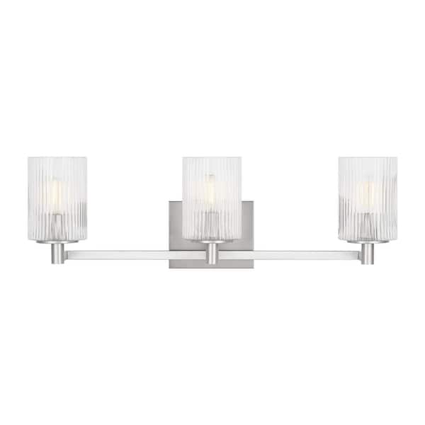 Generation Lighting - Lando 24.625 in. W 3-Light Brushed Steel Bathroom Vanity Light with Clear Fluted Glass Shades and LED Bulbs Included