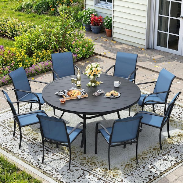 9-Piece Metal Outdoor Dining Set with Black Round Table and 8 Blue Stackable Dining Chairs for 8 Person