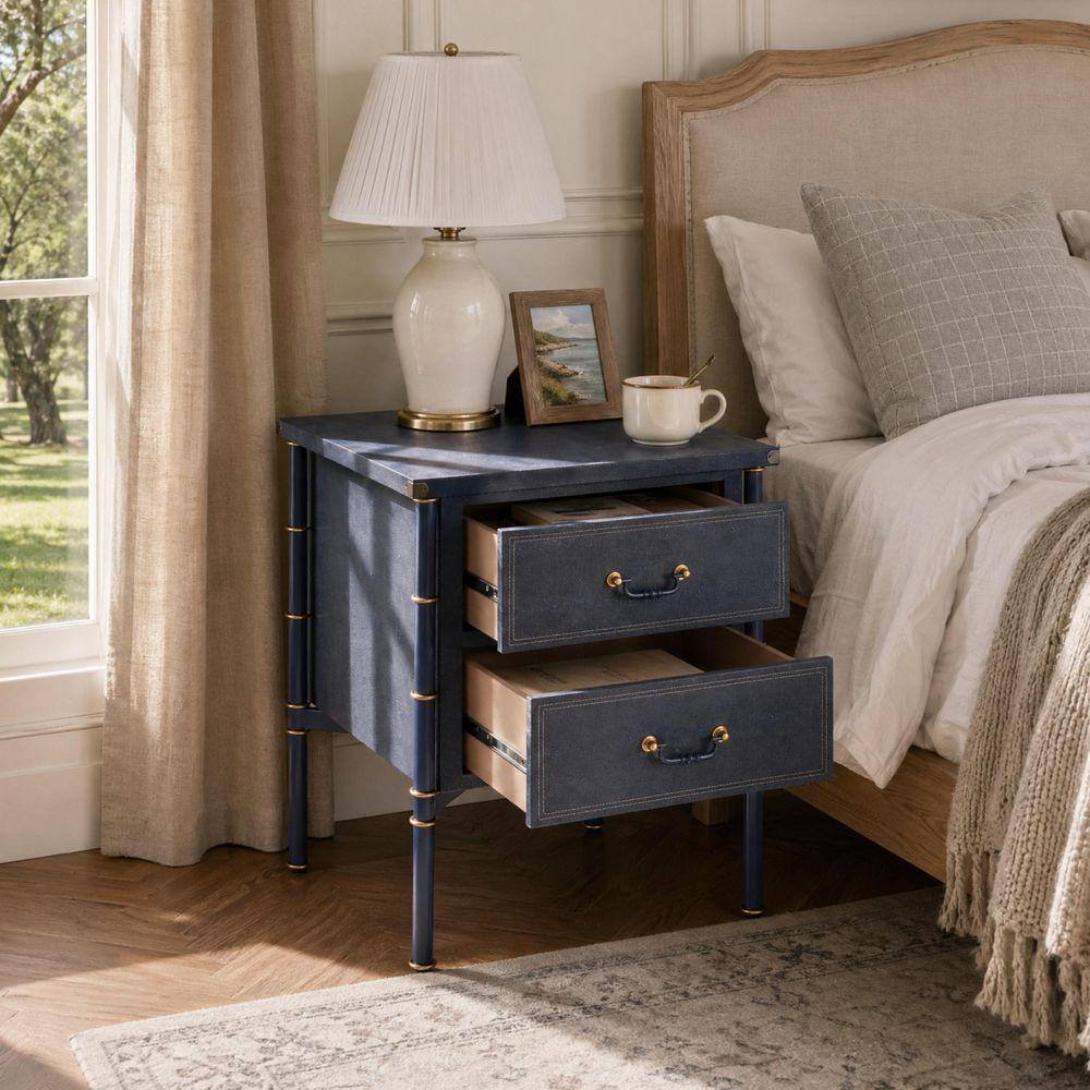 Qualler Navy Blue PU Upholstered 2-Drawer Nightstand with Storage