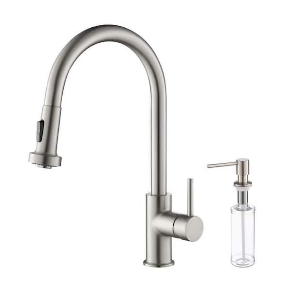 Casa Single Handle 17 in. Pull Down Kitchen Sink Faucet with Soap Dispenser in Brushed Nickel