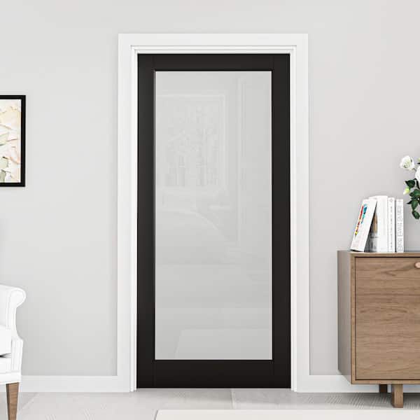 36 in x80in. 1-Lite Frosted Glass Right-Hand Black Solid Core Wood Single Prehung Interior Door Plus Quick Assemble Jamb