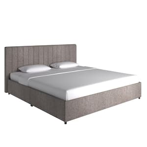 Grey Linen Upholstered Storage King Platform Bed with Channel Headboard