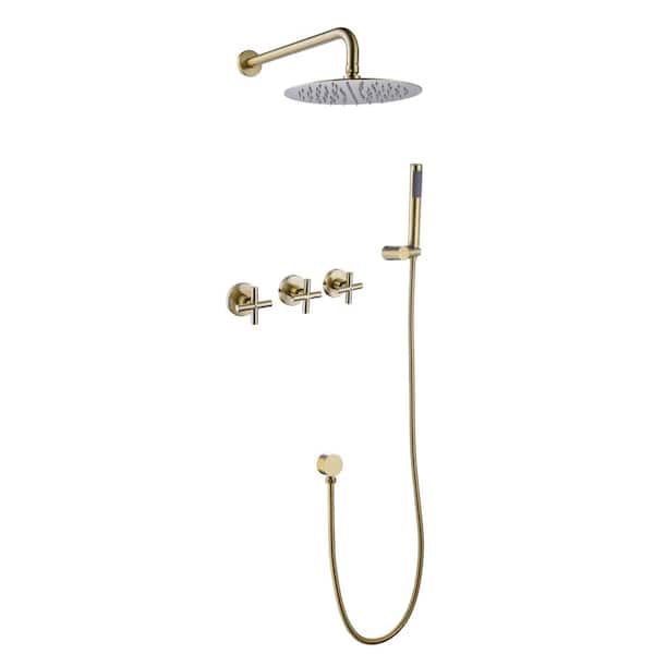Satico 3 Handles 2-Spray Fixed and Handheld Showerheads 3.2 PGM with Hand Shower in Brushed Gold