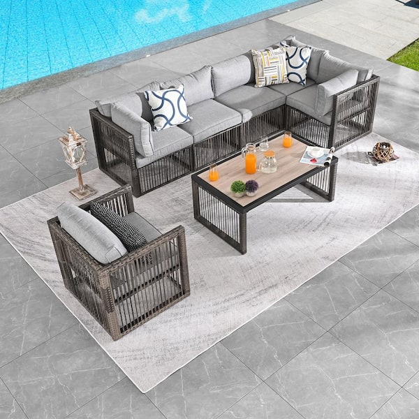 Patio Festival 7-Piece Wicker Patio Conversation Sectional Seating Set with Gray Cushions
