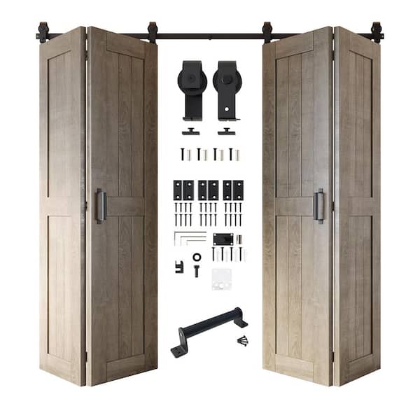 26 in. x 84 in. 5-in-1 Design Classic Gray Solid Core Double Pine Wood Bi-fold Door with T-Shape Roller Hardware Kit