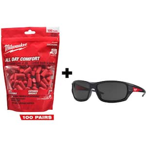 Red Disposable Earplugs (100-Pack) and Performance Safety Glasses with Tinted Fog-Free Lenses