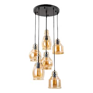 15.7 in. 6-Light Gold Modern Cluster Globe Shaded Pendant Light with Amber Glass Shade, No Bulbs Included