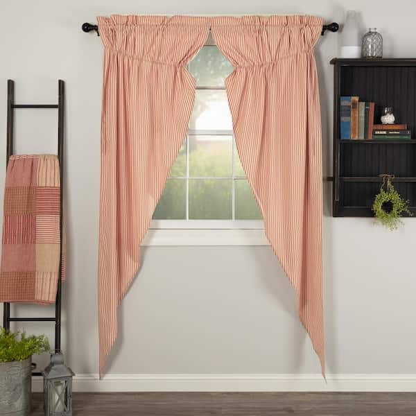 VHC BRANDS Sawyer Mill Ticking Stripe 36 in. W x 84 in. L Light Filtering Prairie Window Curtain Panel Red Dark Tan Pair