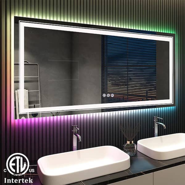Apmir 60 in. W x 30 in. H Rectangular Frameless RGB Backlit & LED Frontlit Anti-Fog Tempered Glass Wall Bathroom Vanity Mirror