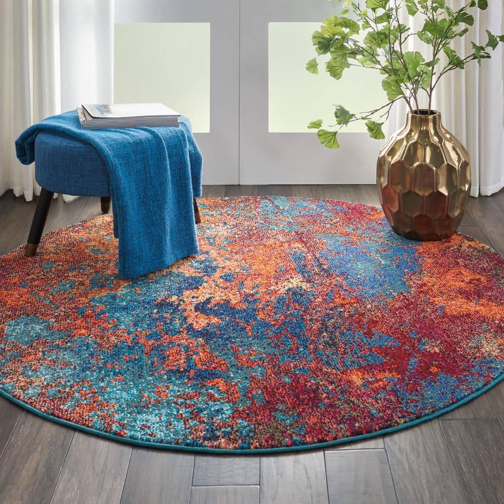Round Blue Abstract Synthetic Easy Care Rug, 5'3"