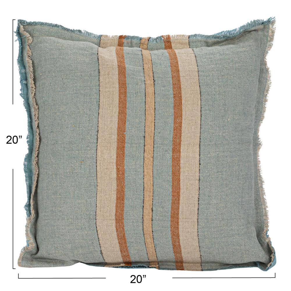 20" Blue and Beige Linen Striped Pillow with Fringe